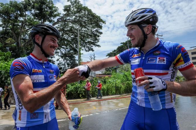 Van Der Ploeg celebrates with teammate and compatriot Dan Bonello