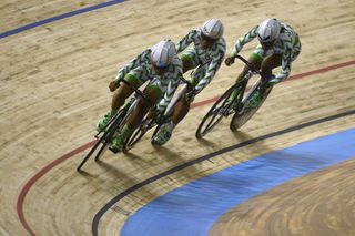 Nigerian teams members Tawakalt Yekeen Mary Samuel and Ese Ukpeseraye compete in the womens Team Sprint first round during the UCI Track Cycling World Championships in 2021