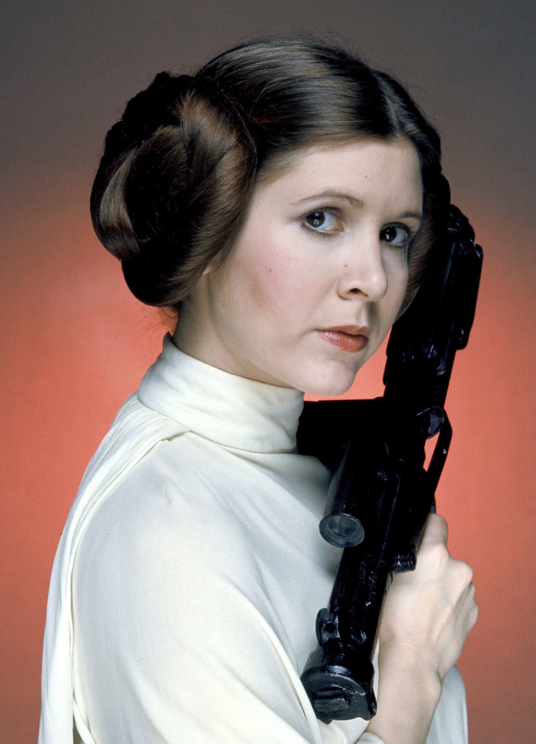 American actress Carrie Fisher on the set of Star Wars: Episode IV - A New Hope written, directed and produced by George Lucas