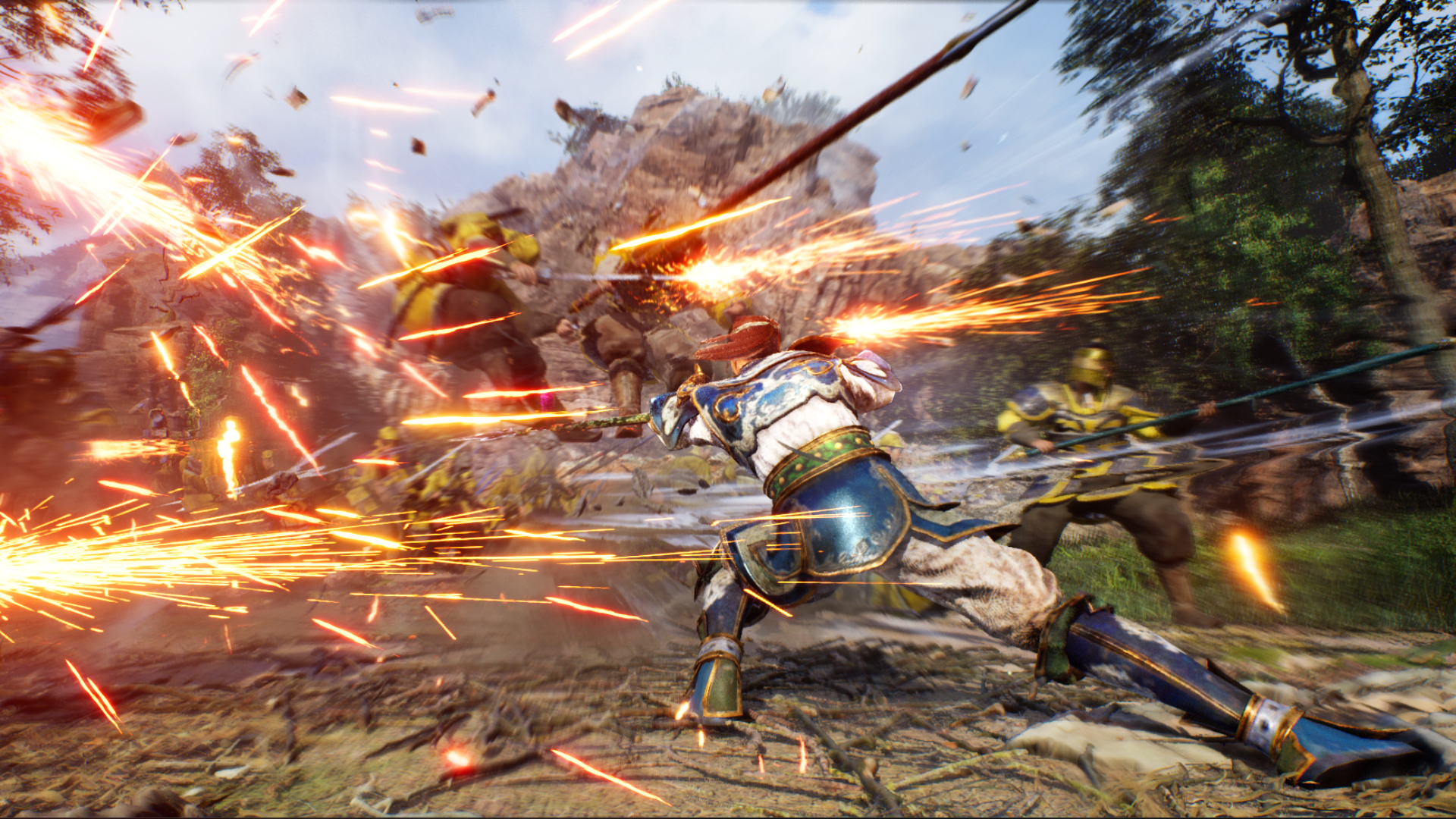Dynasty Warriors 3: Complete Edition Remastered screenshot showing officer Zhao Yun counter a group of enemies with spear thrusts