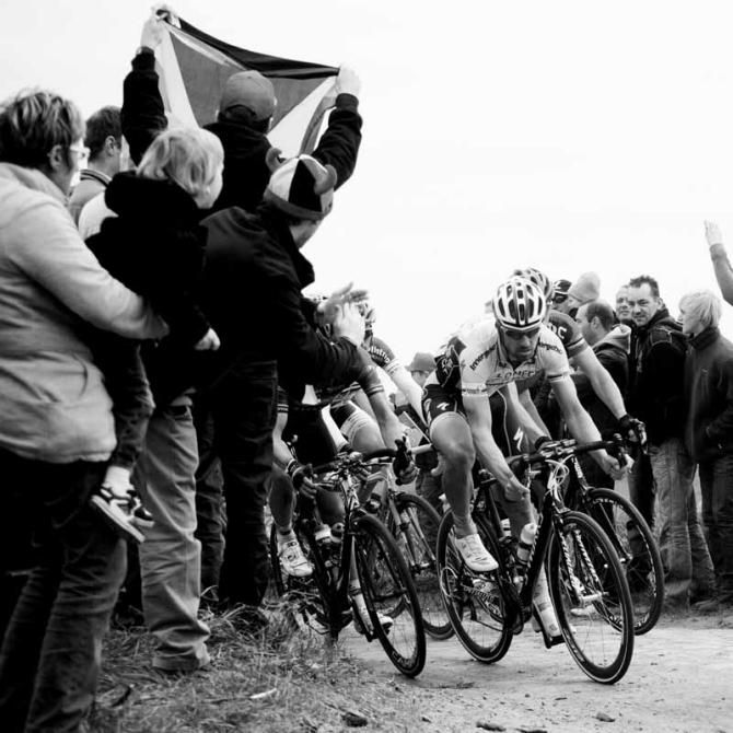 Tom Boonen leads the way through a turn on the pav&eacute; on the way to his fourth career Paris-Roubaix victory