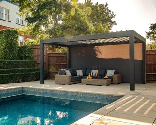 outdoor living pod near pool by caribbean blinds