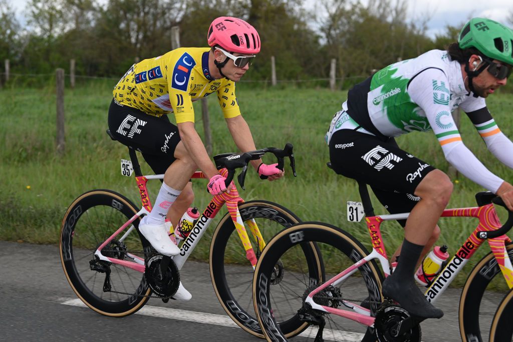 SAUMUR FRANCE APRIL 03 Marijn van den Berg of The Netherlands and Team EF Education EasyPost Yellow leader jersey competes during the 70th Region Pays de la Loire Tour 2024 Stage 2 a 1621km stage from Chateaubriant to Saumur on April 03 2024 in Saumur France Photo by Dario BelingheriGetty Images