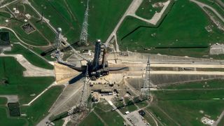 NASA's Space Launch System rocket seen on a launch pad at Kennedy Space Center in an image captured by the Pleides Neo satellite operated by European aerospace firm Airbus.