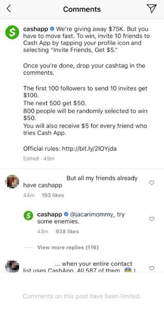 An Instagram screen grab of a legitimate Cash App exchange, provided by Tenable.