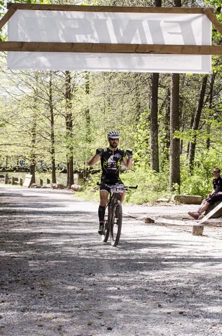 A rider crosses the line