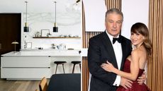 a splitscreen with a modern white kitchen on the left and a photo of alec and hilaria baldwin in front of a fluted wooden wall on the right