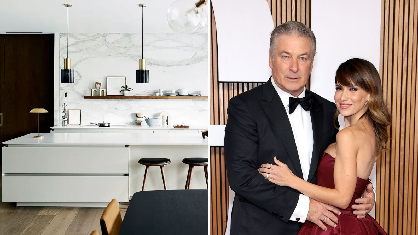 a splitscreen with a modern white kitchen on the left and a photo of alec and hilaria baldwin in front of a fluted wooden wall on the right