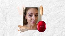 Collage of image of beauty editor Rebecca, surrounded by foundation swatches and an image of the TirTir foundation (bottom right), set against a crumpled paper effect background