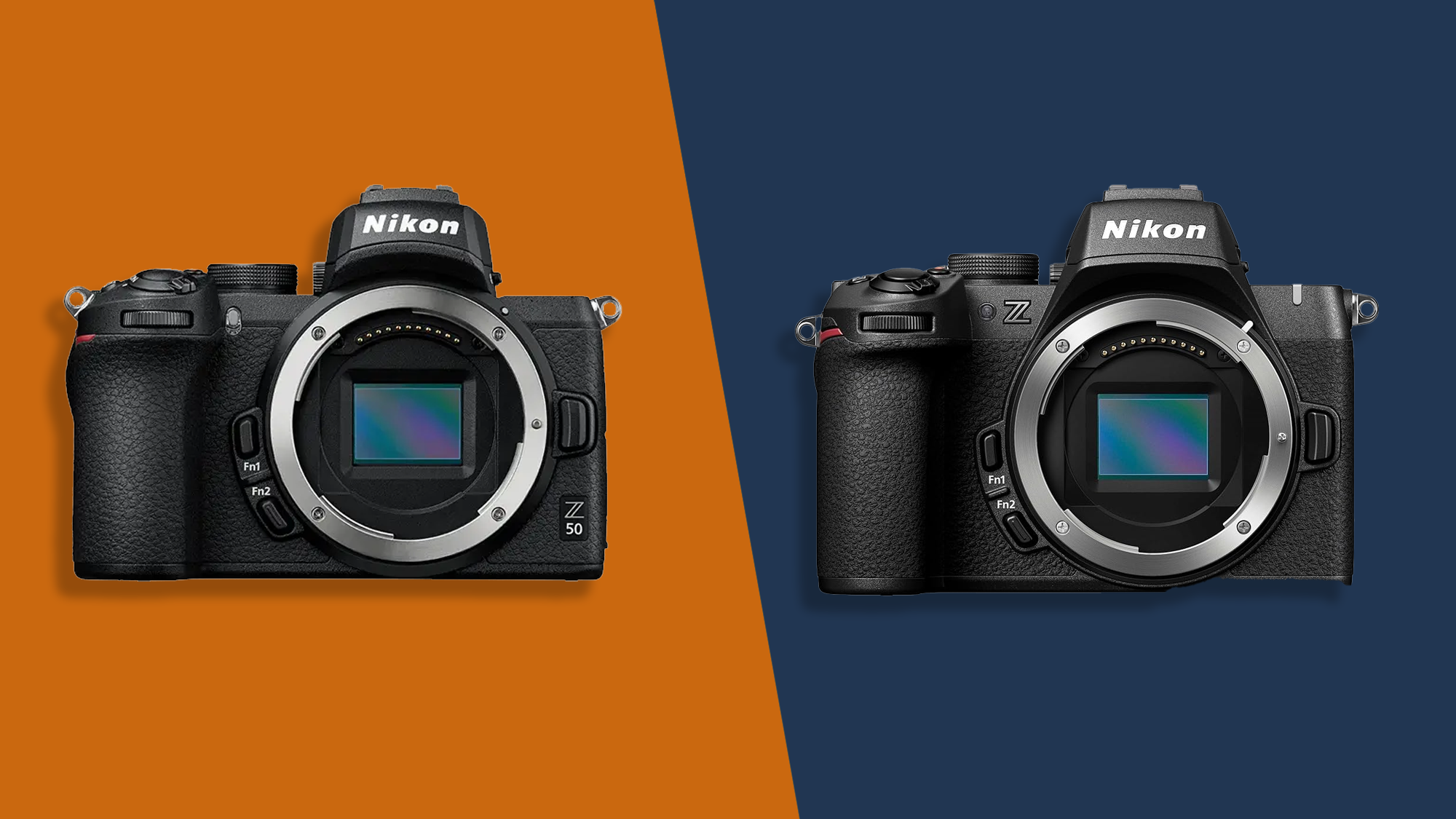 Graphic showing the Nikon Z50 and Z50 II mirrorless cameras side-by-side, body-only