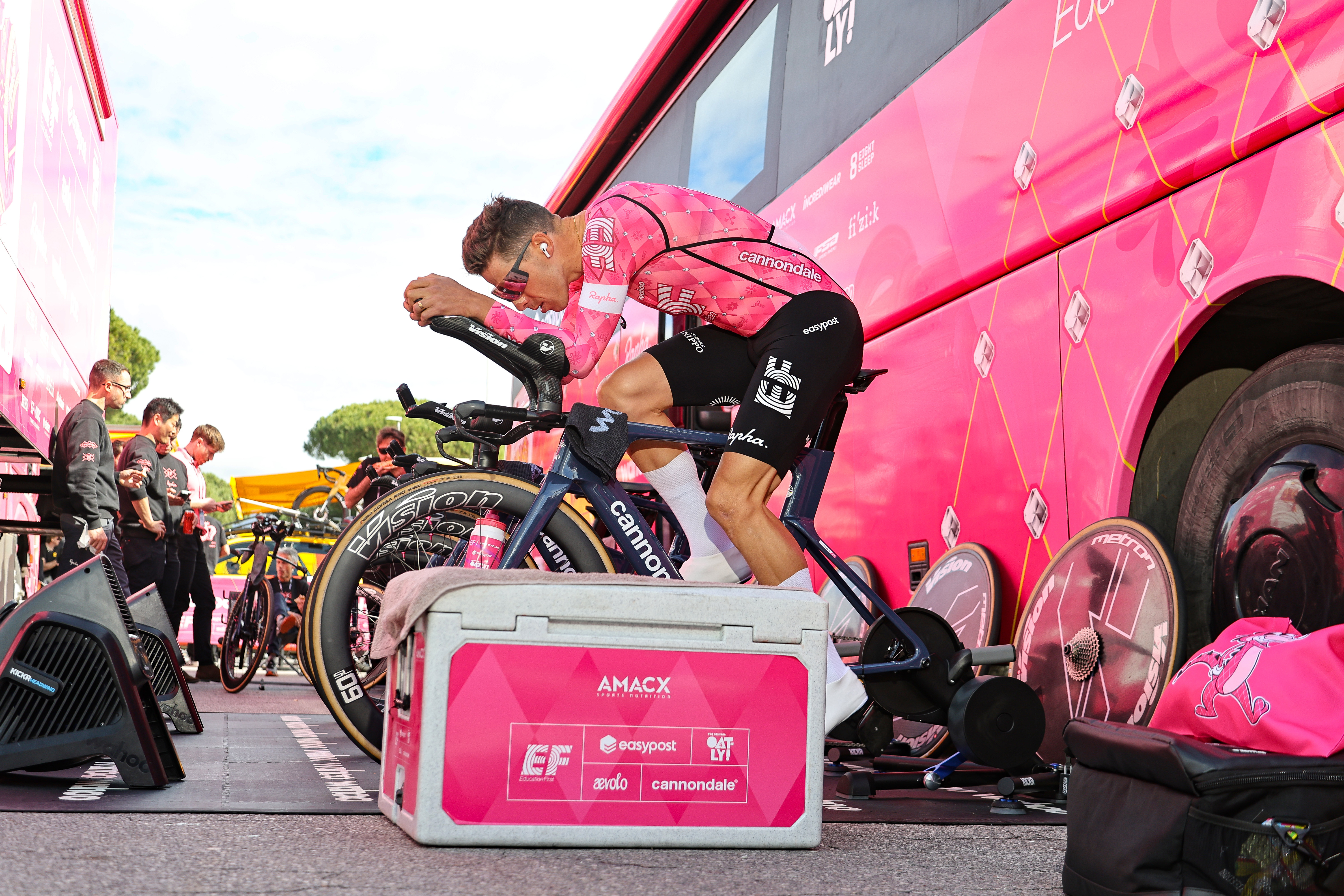 An EF Education-EasyPost team athlete overheats on rollers during Tirreno Adriatico Credit Agricole 2025. (Photo by Paolo Giuliani/NurPhoto via Getty Images)