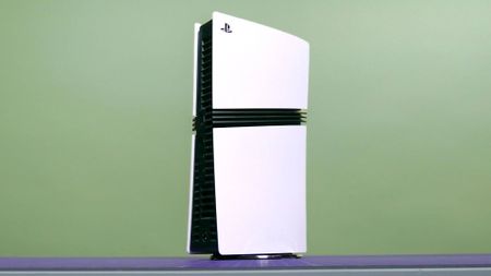 PS5 Pro console upright on a table