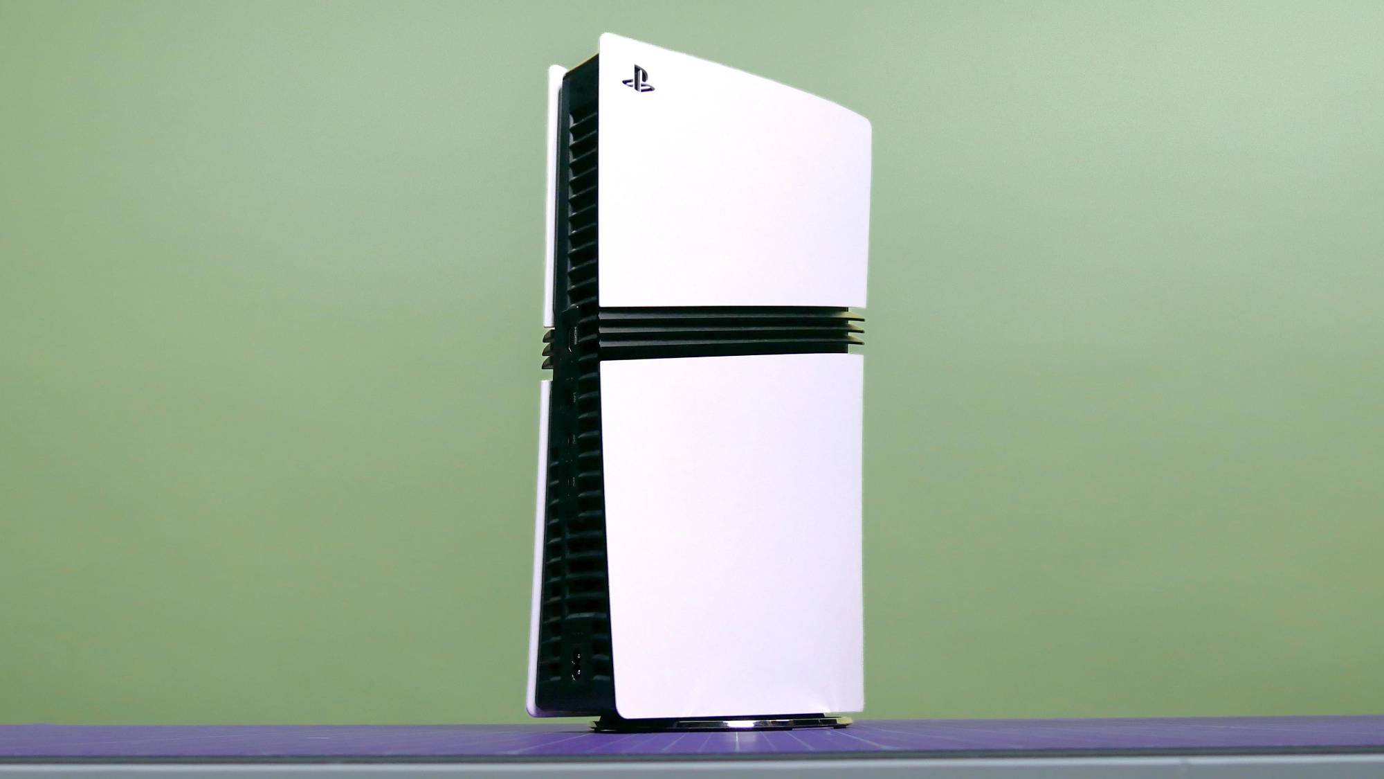 PS5 Pro console upright on a table