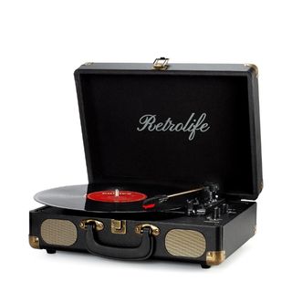 A black Retrolife Vinyl Record Player with the lid open on a white background