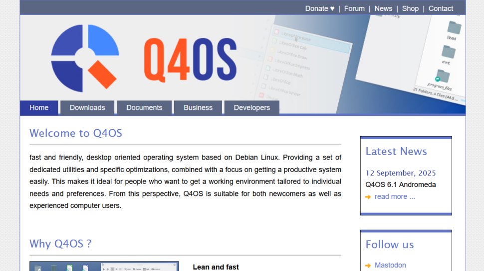 Q4OS website screenshot (September 2025).