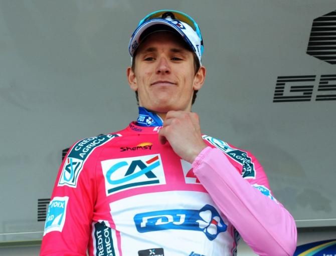 Stage 1 winner Arnaud Demare (FDJ) dons the leader's jersey at the 4 Jours de Dunkerque