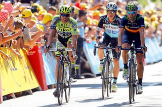 Alberto Contador and Alejandro Valverde cross the stage 6 finish line.