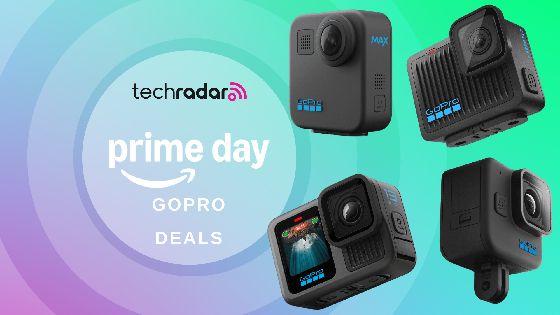 Various GoPro cameras on multicolored background with concentric circles and techradar logo and Amazon Prime Day log, with text reading &#039;gopro deals&#039;
