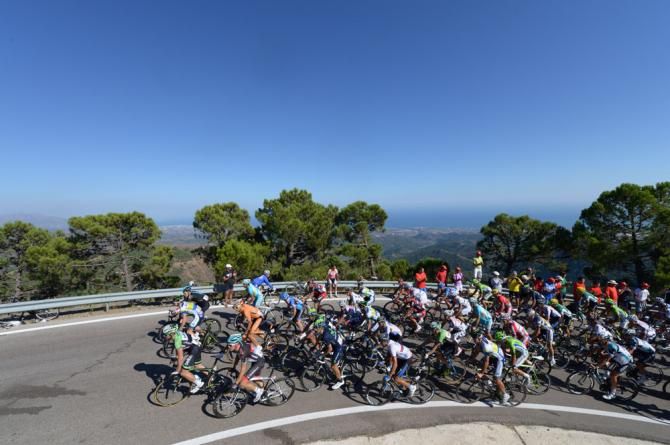The Vuelta a Espana peloton in action during stage 8