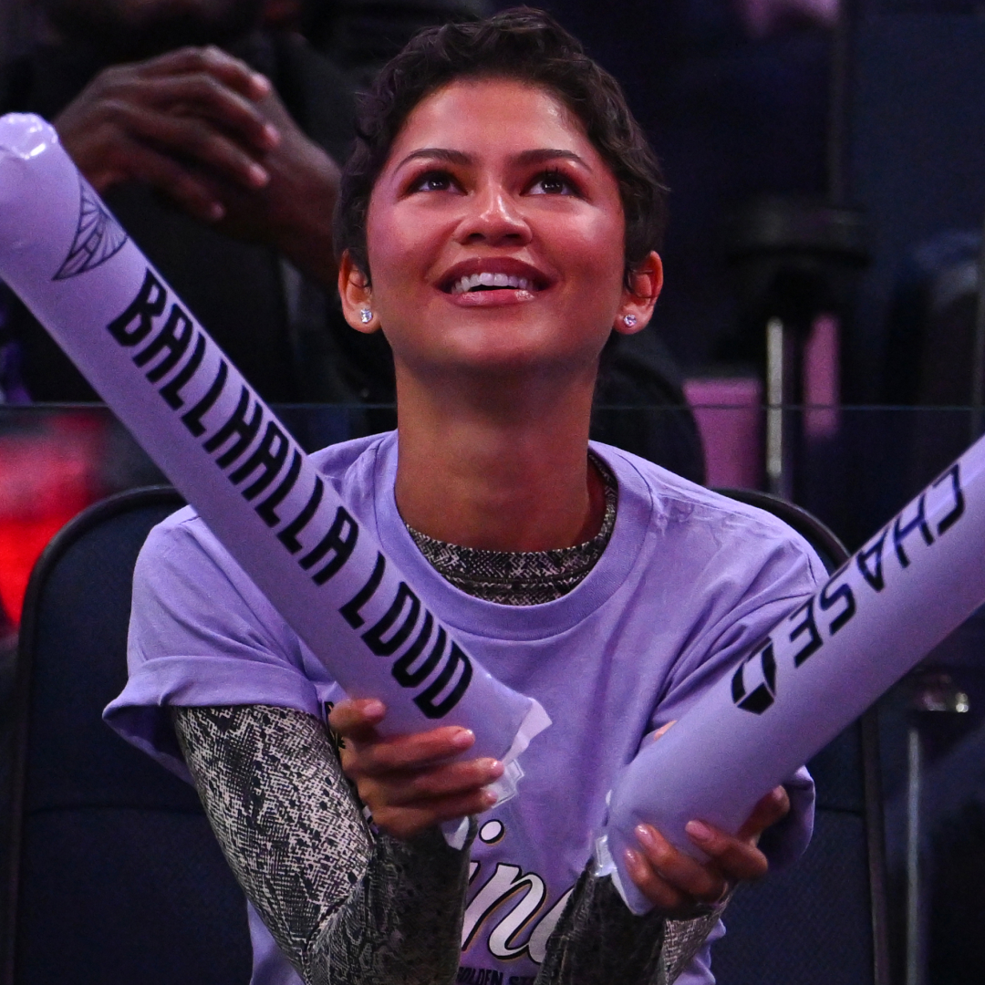 Zendaya styled the snakeskin shirt she designed with Law Roach and On at Game 5 of the WNBA Finals