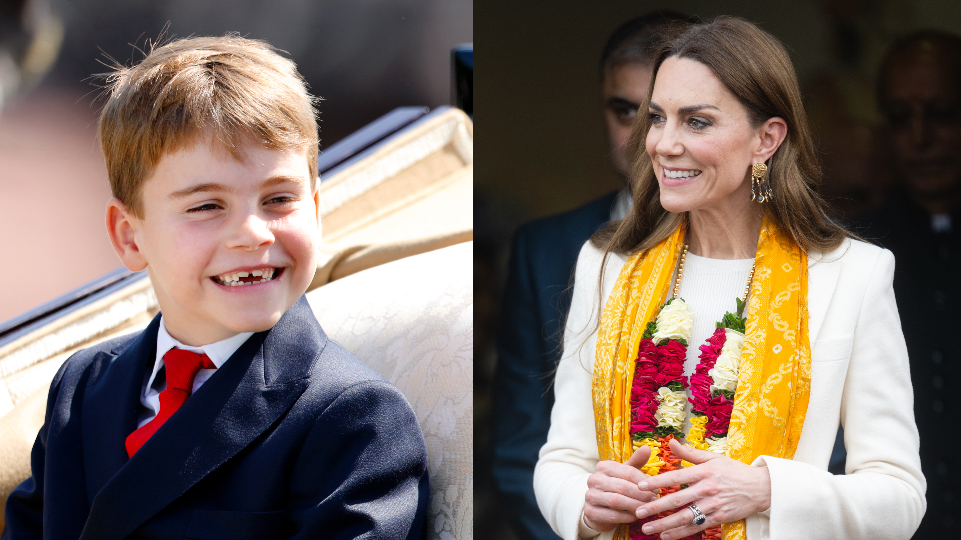 Prince Louis smiling wearing a navy suit; Princess Kate wearing garlands of flowers and a yellow scarf with a white coat and smiling