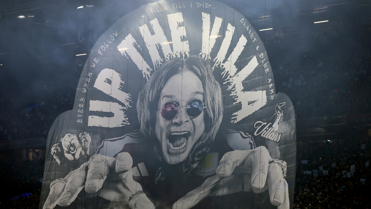 A balloon at a football game depicting Ozzy Osbourne and the slogan Up The Villa