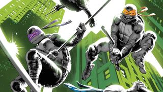 The TMNT leap into action on the cover of Teenage Mutant Ninja Turtles #1.