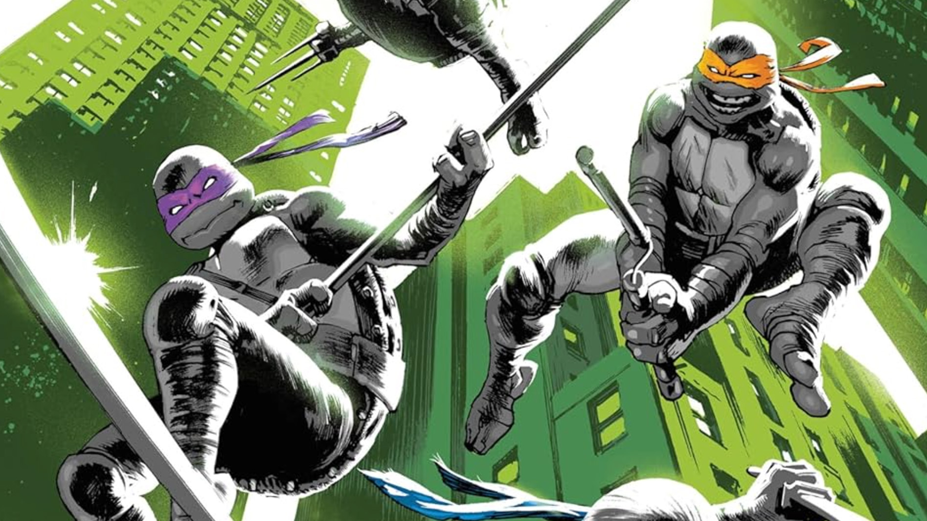 The TMNT leap into action on the cover of Teenage Mutant Ninja Turtles #1.