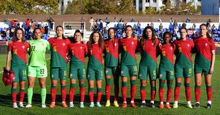 Portugal Women's World Cup 2023 squad: Portugal players during the National anthem before the start of the Women's International Friendly match between Portugal and Haiti at Estadio Municipal Jose Martins Vieira on November 11, 2022 in Almada, Portugal.