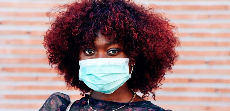 Close Up Portrait Of Young Black Woman Wearing Face Medical Mask To Prevent Coronavirus Infection