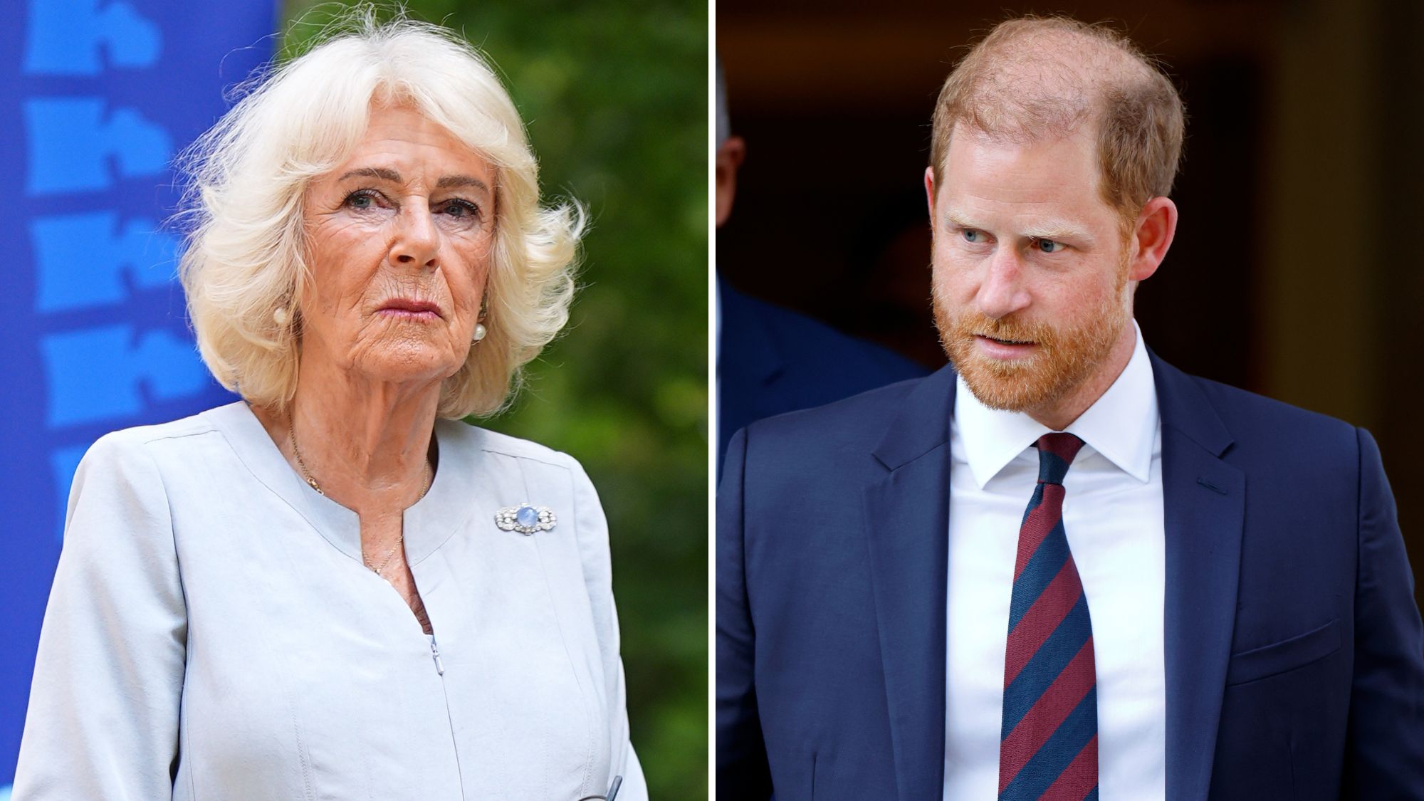 A composite of a picture of Queen Camilla in London in July 2026 and a picture of Prince Harry at Chatham House on July 7, 2026 