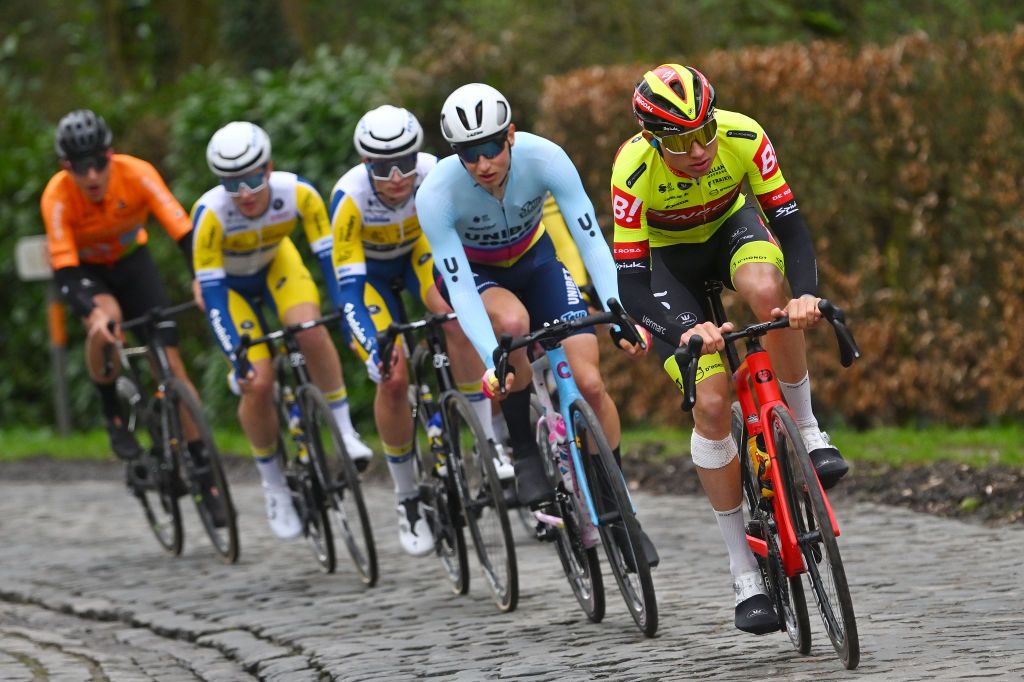 NOKERE BELGIUM MARCH 13 Aaron Van Der Beken of Belgium and Team Bingoal WB competes in the breakaway during the 78th Danilith Nokere Koerse 2024 Mens Elite a 1881km one day race from Deinze to Nokere UCIWT on March 13 2024 in Nokere Belgium Photo by Luc ClaessenGetty Images