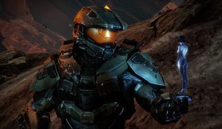 Halo Master Chief speaks to Cortana standing on his palm
