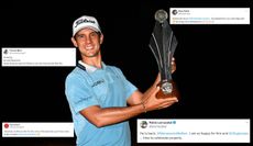 Matteo Manassero holds a trophy whilst four tweets sit around him