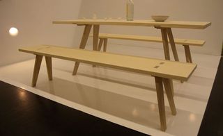simple, yet beautifully made, table and bench combination made of solid pine and elm