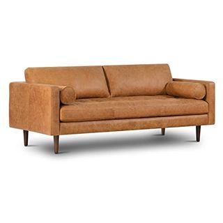 Poly & Bark Cognac Tan Brown Leather Couch - 88.5" Mid Century Leather Sofa With 2 Bolsters - Full Grain Camel Leather Couch - Feather-Down Topper on Seating Surface - Pure-Aniline Italian Leather