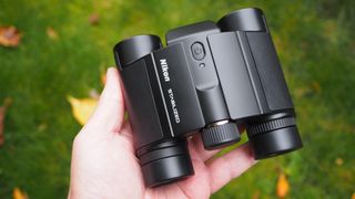 Nikon Stabilized 12x25 S binoculars held in a hand