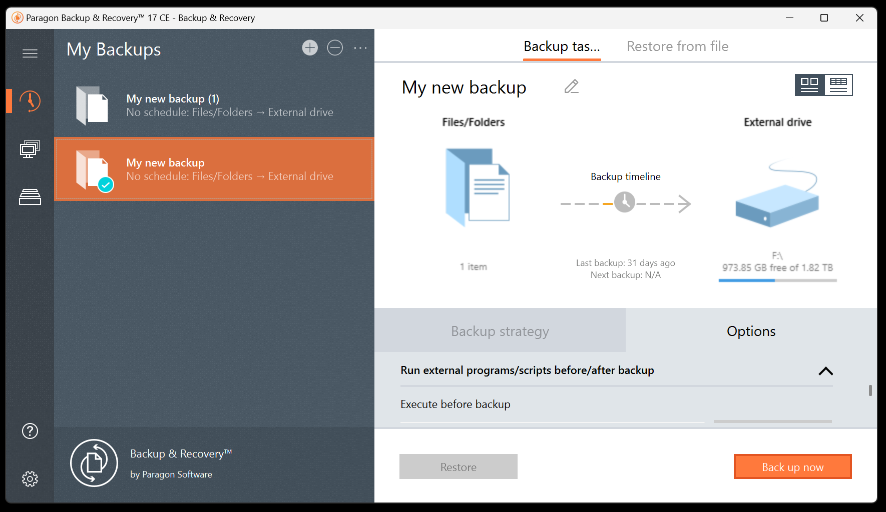 The Paragon Backup and Recovery backup overview screen.