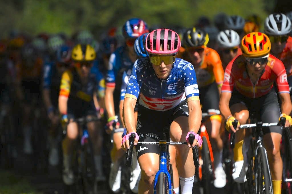 MORTEAU, FRANCE - AUGUST 16: Kristen Faulkner of The United States and Team EF-Oatly-Cannondale competes during the 3rd Tour de France Femmes 2024, Stage 6 a 159.2km stage from Remiremont to Morteau / #UCIWWT / on August 16, 2024 in Morteau, France. (Photo by Alex Broadway/Getty Images)