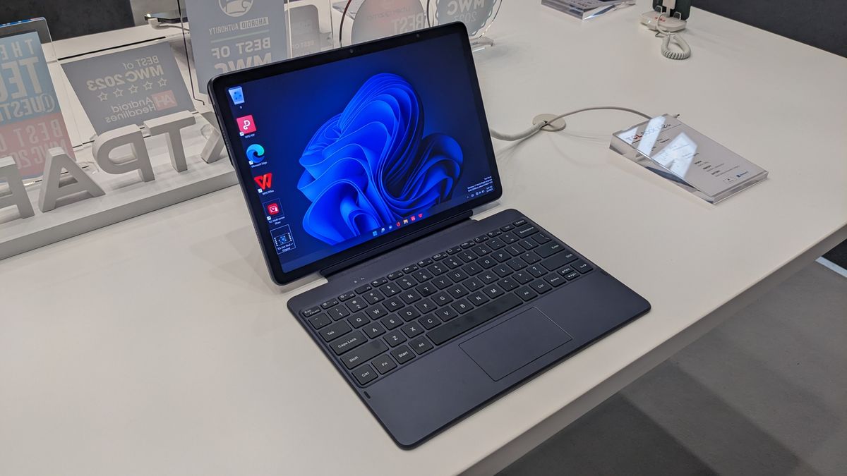 The TCL Book X12 Go, pictured on the TCL stand at MWC 2023.