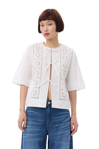 White Broderie Anglaise Tie Blouse