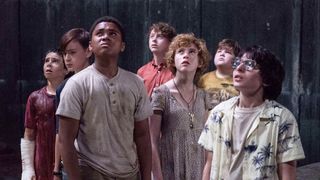 (L to R) Jack Dylan Grazer, Jaeden Martell, Chosen Jacobs, Wyatt Oleff, Sophia Lillis, Jeremy Ray Taylor and Finn Wolfhard in "IT" (2017)