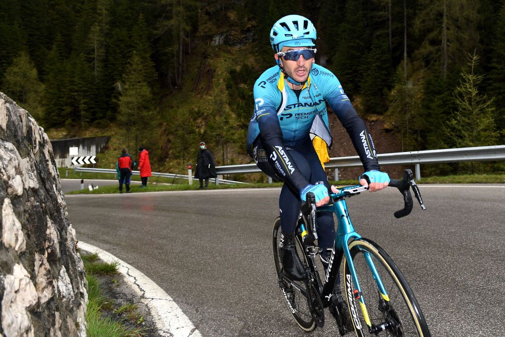 CORTINA DAMPEZZO ITALY MAY 24 Gorka Izagirre Insausti of Spain and Team Astana Premier Tech in breakaway during the 104th Giro dItalia 2021 Stage 16 a 153km stage shortened due to bad weather conditions from Sacile to Cortina dAmpezzo 1210m girodiitalia Giro on May 24 2021 in Cortina dAmpezzo Italy Photo by Tim de WaeleGetty Images