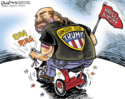 Political cartoon U.S. Harley-Davidson boycott Bikers for Trump