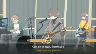 Afterlove EP screenshot of Rama playing guitar with his bandmates with a rhythm game overlay