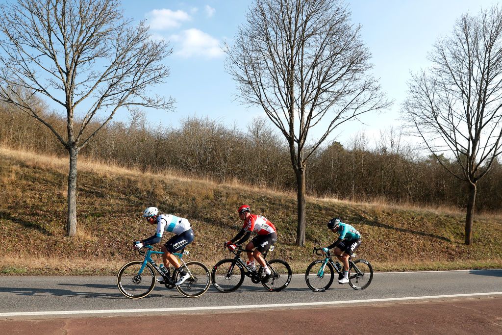 MANTESLAVILLE FRANCE MARCH 06 LR Yevgeniy Fedorov of Kazahkstan and Team Astana Qazaqstan Frederik Frison of Belgium and Team Lotto Soudal and Alexis Gougeard of France and Team BB Hotels PB KTM compete in the breakaway during the 80th Paris Nice 2022 Stage 1 a 160km stage from ManteslaVille to ManteslaVille ParisNice WorldTour on March 06 2022 in ManteslaVille France Photo by Bas CzerwinskiGetty Images
