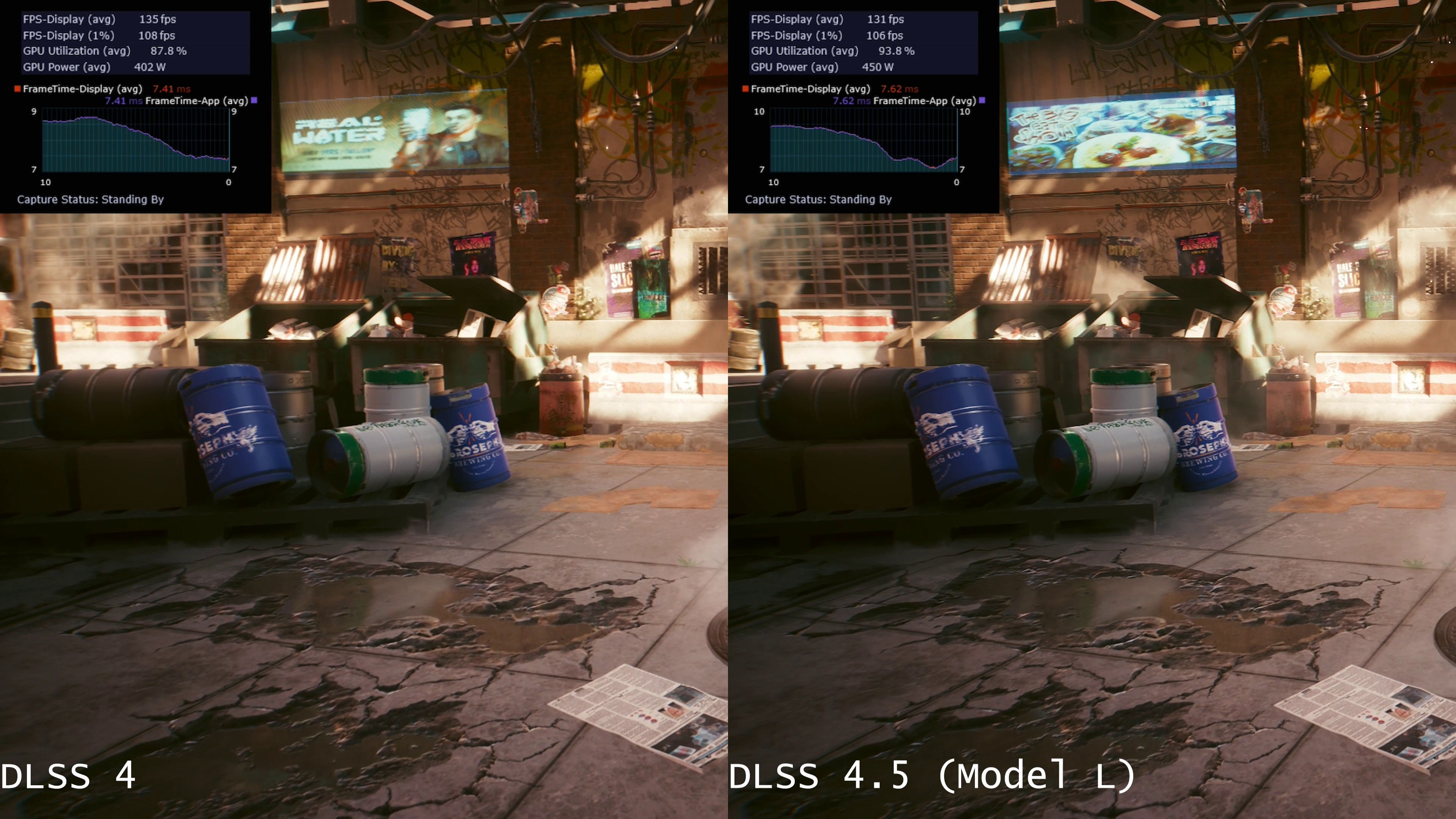 A side-by-side comparison of Cyberpunk 2077 using DLSS 4 and DLSS 4.5, with Intel's PresentMon overlay showing the differences in performance and power consumption.