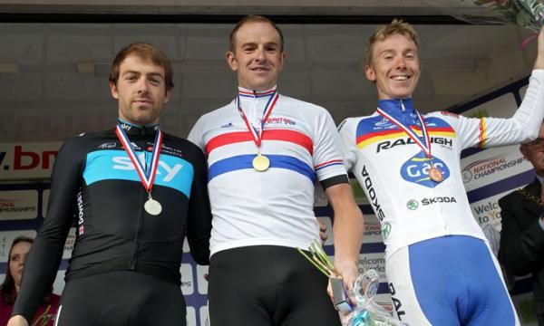 The Elite men's podium Alex Dowsett (Team Sky), Ian Stannard (Team Sky) and Russell Hampton (Raleigh)