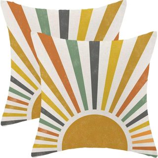 sun burst yellow and orange couch pillows