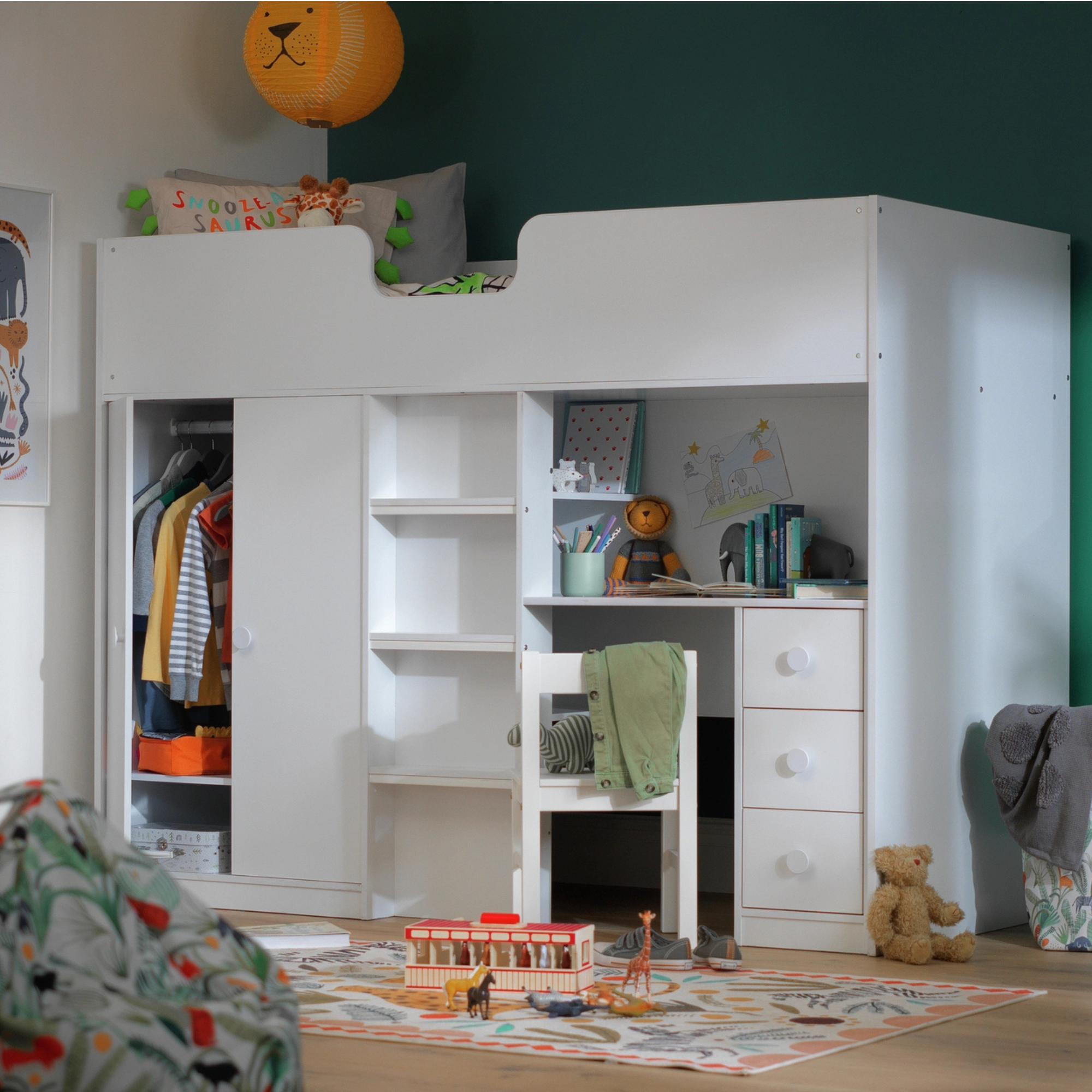 a green kids bedroom with a white high sleeper bed and storage below 